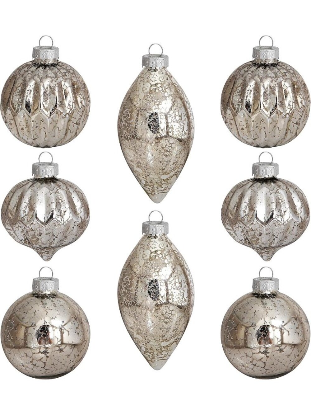 8Pcs Vintage Silver Mercury Glass Christmas Ornaments, Finial Hanging Decor